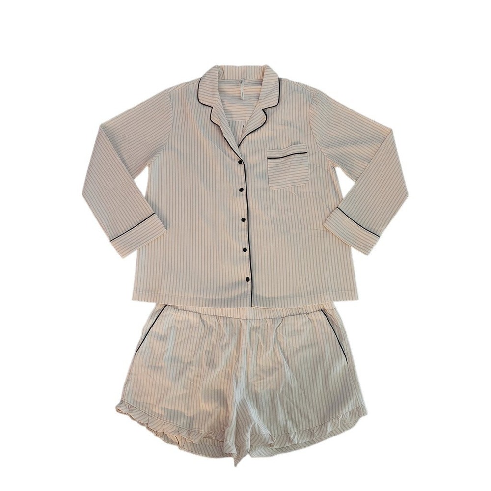 Soma Pajama Set Pink Stripe Button Top Shorts Ruffle Trim Lounge Women's XL - Picture 1 of 6